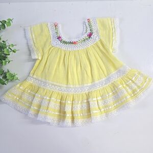 V I N T A G E :: Cotton Yellow Lace Trim Baby Dress Or Toddler Top